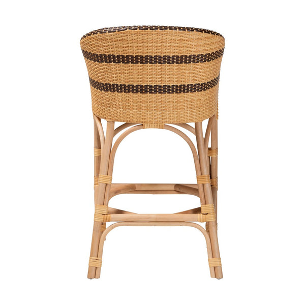 Baxton Studio bali Elma Rattan Counter Stool with Cushion - Chic Barrel-Back Design for Boho Coastal Kitchens Elma-Natural/Brown Stripes-Rattan-Cushion-CS