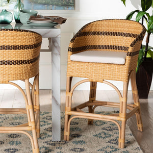 Baxton Studio bali Elma Rattan Counter Stool with Cushion - Chic Barrel-Back Design for Boho Coastal Kitchens Elma-Natural/Brown Stripes-Rattan-Cushion-CS