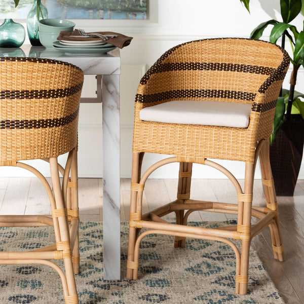 Baxton Studio bali Elma Rattan Counter Stool with Cushion - Chic Barrel-Back Design for Boho Coastal Kitchens Elma-Natural/Brown Stripes-Rattan-Cushion-CS