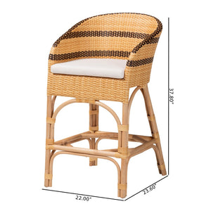 Baxton Studio bali Elma Rattan Counter Stool with Cushion - Chic Barrel-Back Design for Boho Coastal Kitchens Elma-Natural/Brown Stripes-Rattan-Cushion-CS