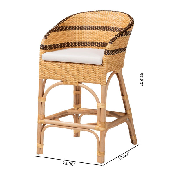 Baxton Studio bali Elma Rattan Counter Stool with Cushion - Chic Barrel-Back Design for Boho Coastal Kitchens Elma-Natural/Brown Stripes-Rattan-Cushion-CS