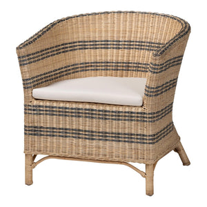 Baxton Studio bali Elda Natural Rattan Accent Chair - Stylish Coastal Boho Barrel-Back Chair with Plush Cushion Elda-Natural/Blue Stripes-Rattan-Cushion-DC