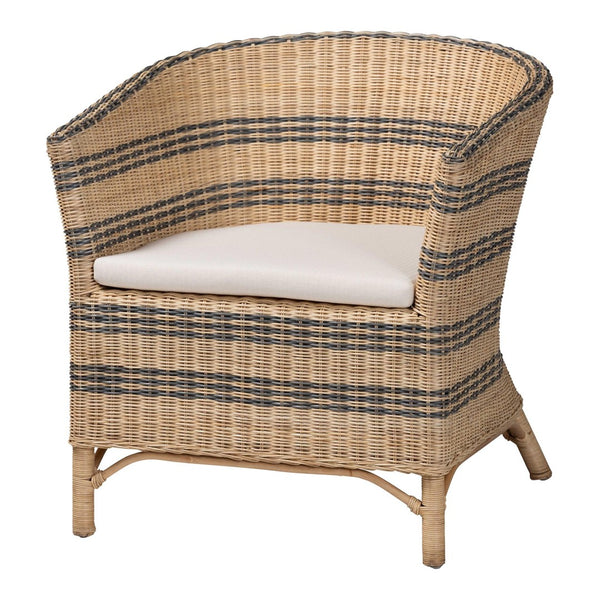Baxton Studio bali Elda Natural Rattan Accent Chair - Stylish Coastal Boho Barrel-Back Chair with Plush Cushion Elda-Natural/Blue Stripes-Rattan-Cushion-DC