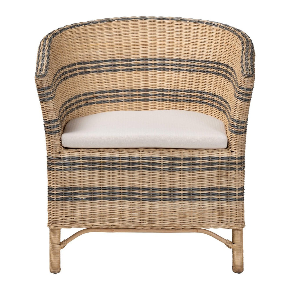 Baxton Studio bali Elda Natural Rattan Accent Chair - Stylish Coastal Boho Barrel-Back Chair with Plush Cushion Elda-Natural/Blue Stripes-Rattan-Cushion-DC