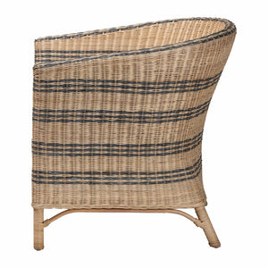 Baxton Studio bali Elda Natural Rattan Accent Chair - Stylish Coastal Boho Barrel-Back Chair with Plush Cushion Elda-Natural/Blue Stripes-Rattan-Cushion-DC