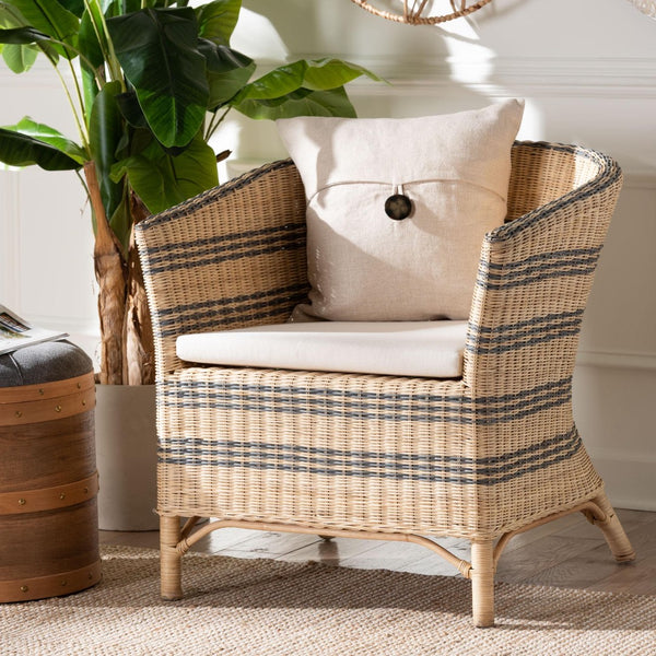 Baxton Studio bali Elda Natural Rattan Accent Chair - Stylish Coastal Boho Barrel-Back Chair with Plush Cushion Elda-Natural/Blue Stripes-Rattan-Cushion-DC