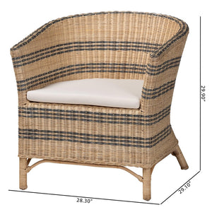 Baxton Studio bali Elda Natural Rattan Accent Chair - Stylish Coastal Boho Barrel-Back Chair with Plush Cushion Elda-Natural/Blue Stripes-Rattan-Cushion-DC