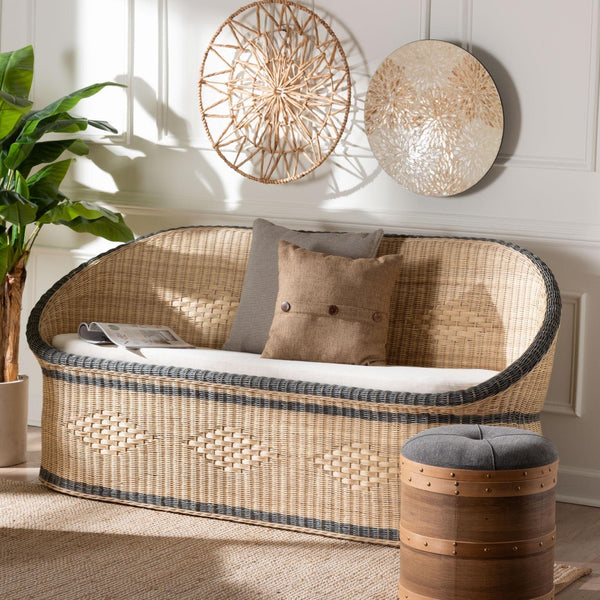 Baxton Studio bali Bali Emiliana Handwoven Rattan Loveseat - Stylish Boho Coastal Sofa with Removable Cushion & Craftsmanship Emiliana-Natural-Rattan-Cushion-LS