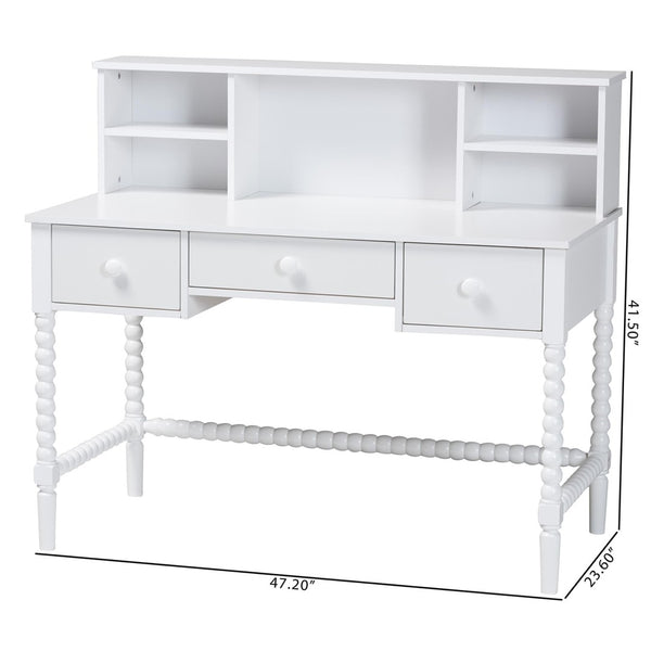 Baxton Studio Baxton Studio Archwood Writing Desk & Hutch - Elegant 3-Drawer Wood Desk with Timeless Bobbin Design Spindle-White-Desk