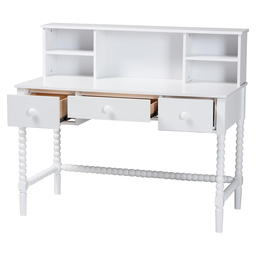 Baxton Studio Baxton Studio Archwood Writing Desk & Hutch - Elegant 3-Drawer Wood Desk with Timeless Bobbin Design Spindle-White-Desk