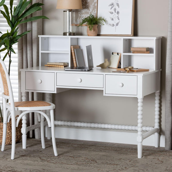 Baxton Studio Baxton Studio Archwood Writing Desk & Hutch - Elegant 3-Drawer Wood Desk with Timeless Bobbin Design Spindle-White-Desk