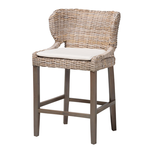 Baxton Studio Bali & Pari Niesha Handwoven Rattan Counter Stool Mahogany Frame with Cushion MD-39928-Luca Grey/NT Rattan-Cushion-CS
