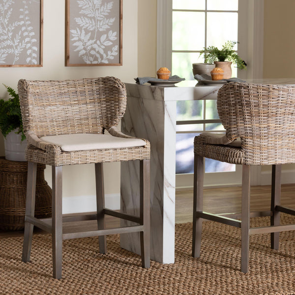 Baxton Studio Bali & Pari Niesha Handwoven Rattan Counter Stool Mahogany Frame with Cushion MD-39928-Luca Grey/NT Rattan-Cushion-CS