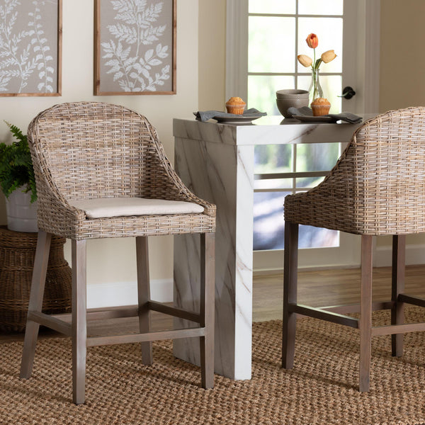 Baxton Studio Bali & Pari Lara Handwoven Kubu Rattan Wingback Counter Stool for Kitchen Island MD-39929-Dirgahayu Grey/NT Rattan-Cushion-CS