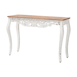 Baxton Studio Baxton Distressed Two-Tone Carved Console Table With Floral Apron, Cabriole Legs For Hallway Decor JY25B006-White/Natural-Wooden-Console Table