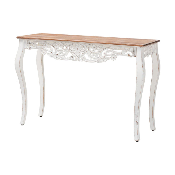 Baxton Studio Baxton Distressed Two-Tone Carved Console Table With Floral Apron, Cabriole Legs For Hallway Decor JY25B006-White/Natural-Wooden-Console Table