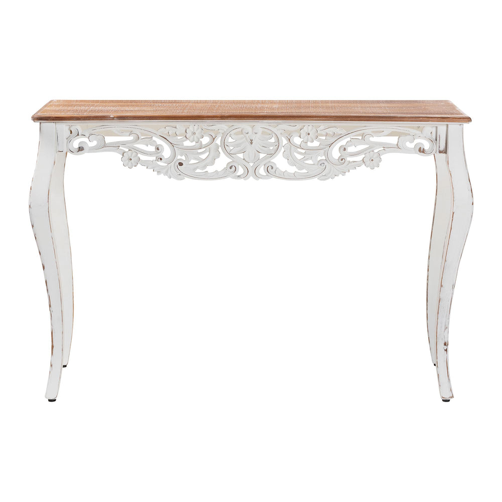 Baxton Studio Baxton Distressed Two-Tone Carved Console Table With Floral Apron, Cabriole Legs For Hallway Decor JY25B006-White/Natural-Wooden-Console Table