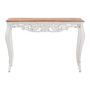 Baxton Studio Baxton Distressed Two-Tone Carved Console Table With Floral Apron, Cabriole Legs For Hallway Decor JY25B006-White/Natural-Wooden-Console Table