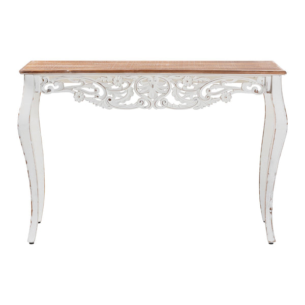 Baxton Studio Baxton Distressed Two-Tone Carved Console Table With Floral Apron, Cabriole Legs For Hallway Decor JY25B006-White/Natural-Wooden-Console Table