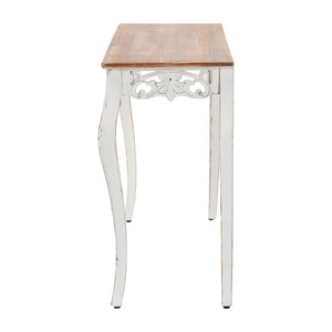 Baxton Studio Baxton Distressed Two-Tone Carved Console Table With Floral Apron, Cabriole Legs For Hallway Decor JY25B006-White/Natural-Wooden-Console Table