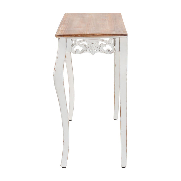 Baxton Studio Baxton Distressed Two-Tone Carved Console Table With Floral Apron, Cabriole Legs For Hallway Decor JY25B006-White/Natural-Wooden-Console Table