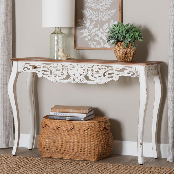 Baxton Studio Baxton Distressed Two-Tone Carved Console Table With Floral Apron, Cabriole Legs For Hallway Decor JY25B006-White/Natural-Wooden-Console Table