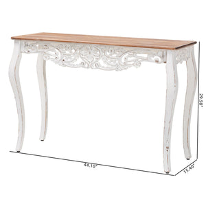 Baxton Studio Baxton Distressed Two-Tone Carved Console Table With Floral Apron, Cabriole Legs For Hallway Decor JY25B006-White/Natural-Wooden-Console Table