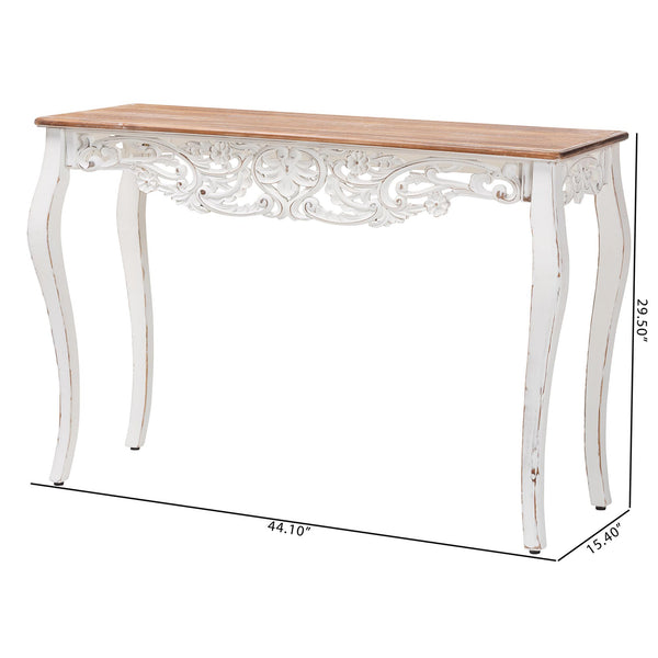 Baxton Studio Baxton Distressed Two-Tone Carved Console Table With Floral Apron, Cabriole Legs For Hallway Decor JY25B006-White/Natural-Wooden-Console Table