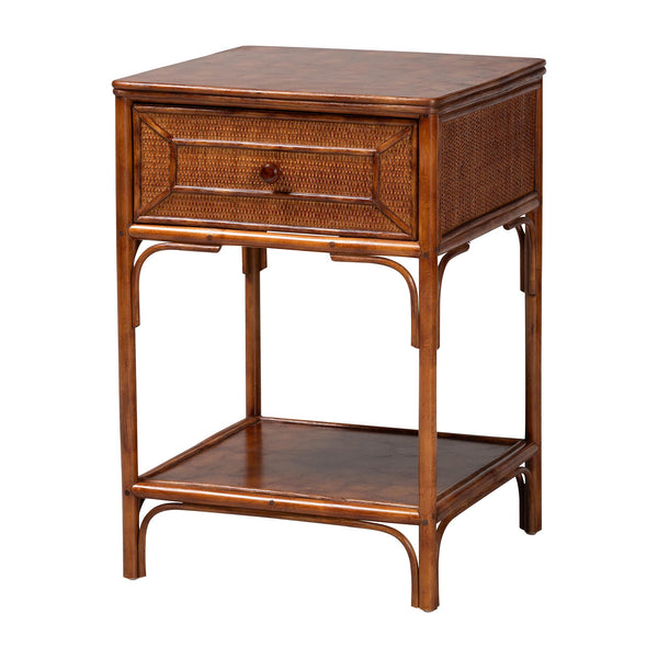 Baxton Studio Bali & Pari Basile Handwoven Rattan End Table with Drawer and Open Shelf for Living Room WS220-Rattan/Tortoise-Side Table
