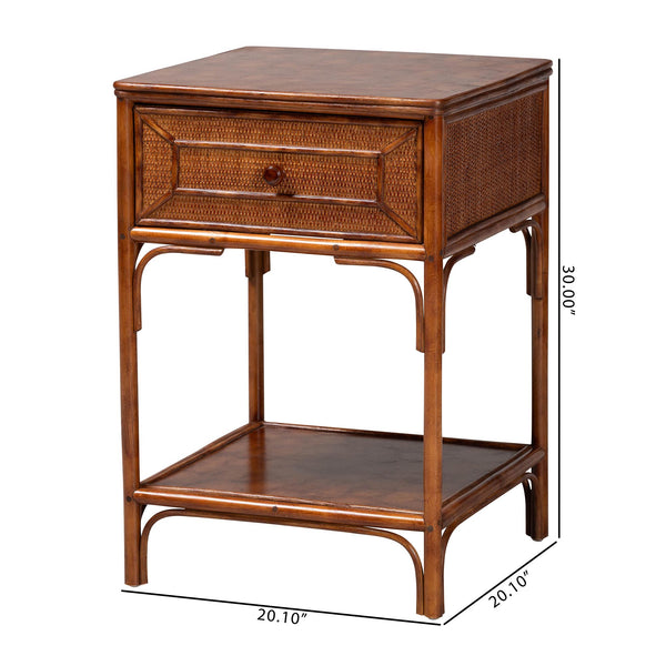 Baxton Studio Bali & Pari Basile Handwoven Rattan End Table with Drawer and Open Shelf for Living Room WS220-Rattan/Tortoise-Side Table