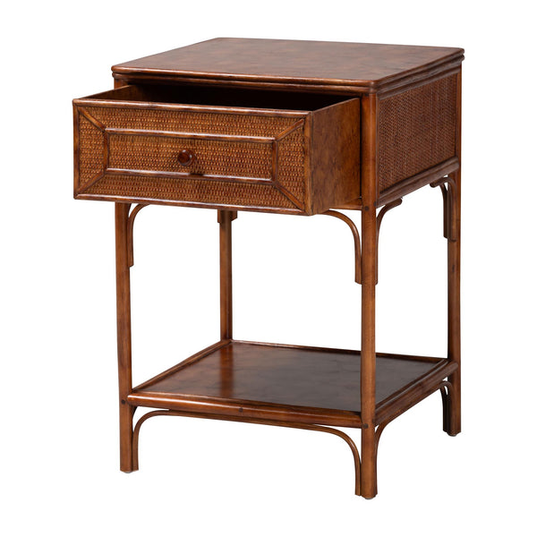 Baxton Studio Bali & Pari Basile Handwoven Rattan End Table with Drawer and Open Shelf for Living Room WS220-Rattan/Tortoise-Side Table