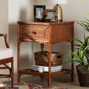 Baxton Studio Bali & Pari Basile Handwoven Rattan End Table with Drawer and Open Shelf for Living Room WS220-Rattan/Tortoise-Side Table
