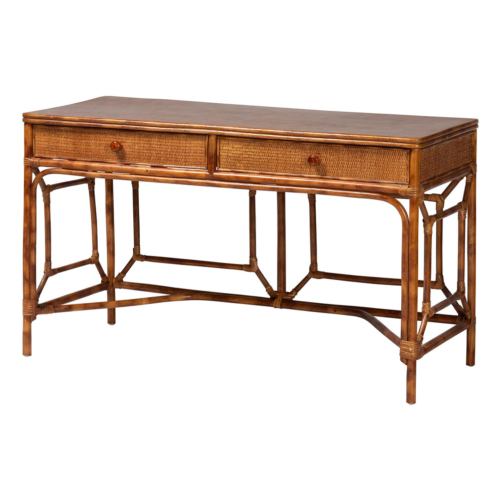 Baxton Studio Bali & Pari Basile Handwoven Rattan Writing Desk with Bohemian Open Frame for Home Office WS223-Rattan/Tortoise-Desk