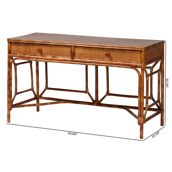 Baxton Studio Bali & Pari Basile Handwoven Rattan Writing Desk with Bohemian Open Frame for Home Office WS223-Rattan/Tortoise-Desk