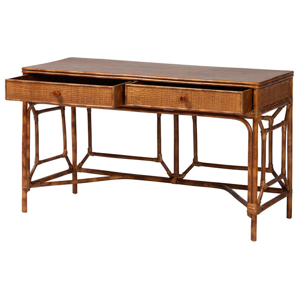 Baxton Studio Bali & Pari Basile Handwoven Rattan Writing Desk with Bohemian Open Frame for Home Office WS223-Rattan/Tortoise-Desk