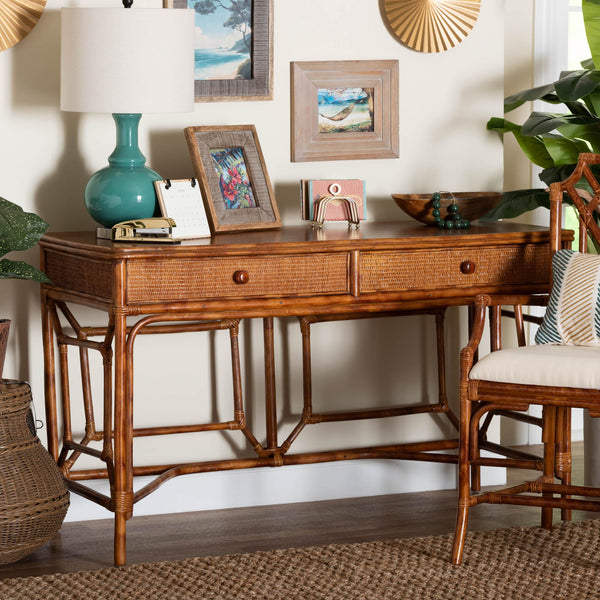 Baxton Studio Bali & Pari Basile Handwoven Rattan Writing Desk with Bohemian Open Frame for Home Office WS223-Rattan/Tortoise-Desk