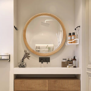 English Elm Natural Oak Round Wall Mirror Solid Wood Frame Minimalist Accent for Any Room W2295P414107