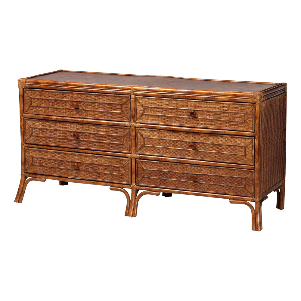 Baxton Studio Bali & Pari Basile Handwoven Rattan 6-drawer Dresser with Bohemian Geometric Detail WS226-Rattan/Tortoise-6DW-Dresser