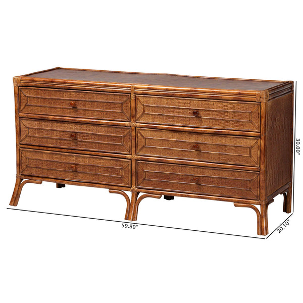 Baxton Studio Bali & Pari Basile Handwoven Rattan 6-drawer Dresser with Bohemian Geometric Detail WS226-Rattan/Tortoise-6DW-Dresser