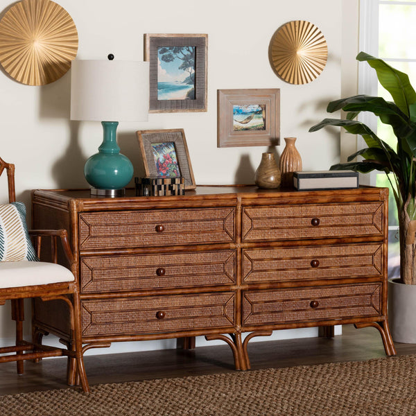 Baxton Studio Bali & Pari Basile Handwoven Rattan 6-drawer Dresser with Bohemian Geometric Detail WS226-Rattan/Tortoise-6DW-Dresser
