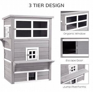English Elm Pawhut 3-Story Cat House - Cozy Multi-Level Feral Shelter With Escape Doors, Jumping Platforms, Grey W2225P200611-GIGA
