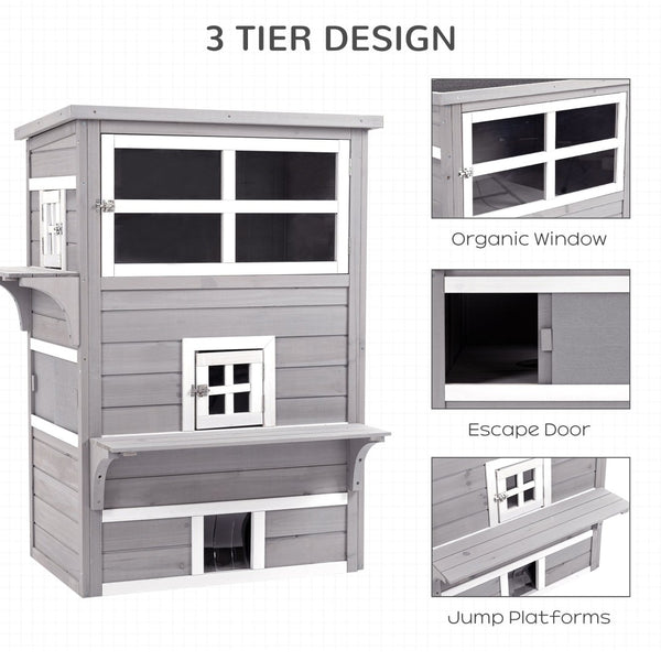 English Elm Pawhut 3-Story Cat House - Cozy Multi-Level Feral Shelter With Escape Doors, Jumping Platforms, Grey W2225P200611-GIGA