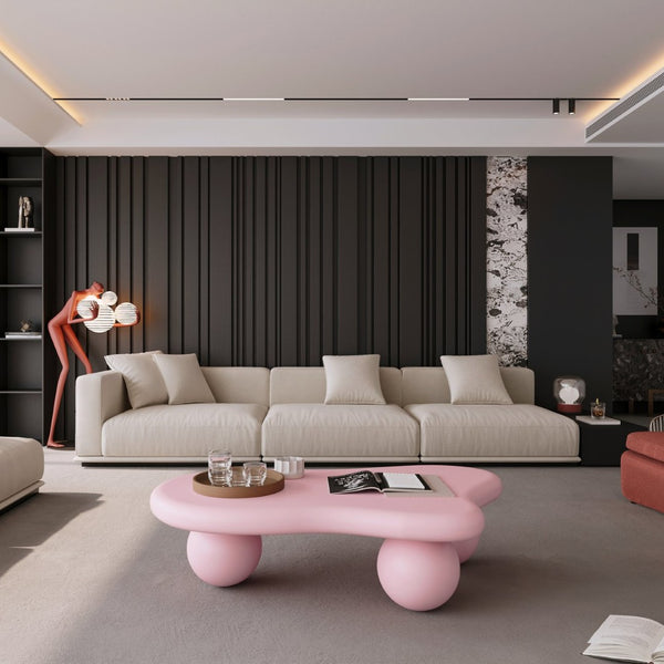 English Elm 47 Inch Organic Cloud Silhouette Coffee Table with Sculptural Ball Legs for Living Rooms Pink W1435S00019