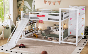English Elm Twin Metal Loft Bed with Slide Basketball Hoop Climbing Wall and Built-in Shelves W1580S00634