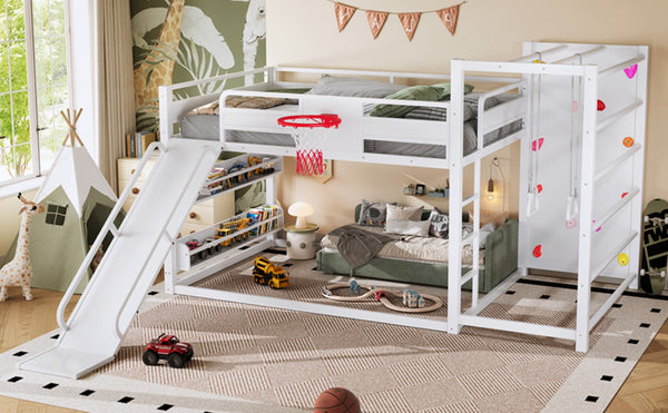 English Elm Twin Metal Loft Bed with Slide Basketball Hoop Climbing Wall and Built-in Shelves W1580S00634