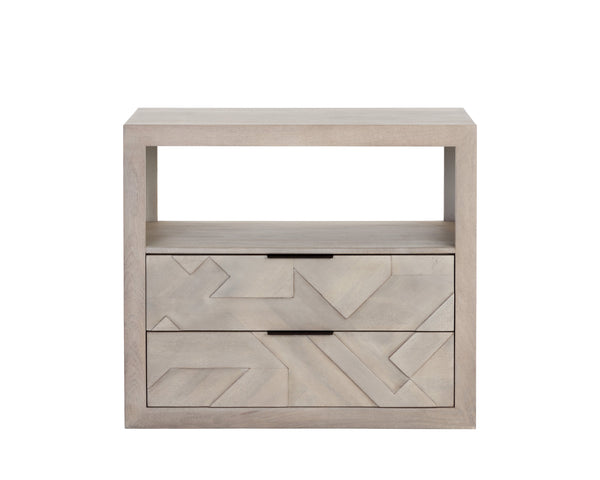 Sunpan Lisboa Nightstand - Unique Handcrafted Light Grey Mango Wood Nightstand with Intricate Drawers & Shelf