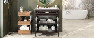 English Elm Christopher Knight Home® - 30" Bathroom Vanity with Ceramic Sink, Solid Wood Legs, Adjustable Shelf, Tip-Out Tray, Soft-Close Hinges, Silver Knobs, Moisture-Resistant Finish Dark Brown N817P286250D