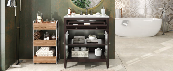 English Elm Christopher Knight Home® - 30" Bathroom Vanity with Ceramic Sink, Solid Wood Legs, Adjustable Shelf, Tip-Out Tray, Soft-Close Hinges, Silver Knobs, Moisture-Resistant Finish Dark Brown N817P286250D