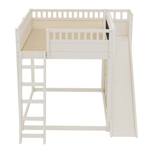 English Elm Full Size Kids Loft Bed Pine Frame Upholstered Headboard Built in Slide and Storage Shelves Beige W1580S00305