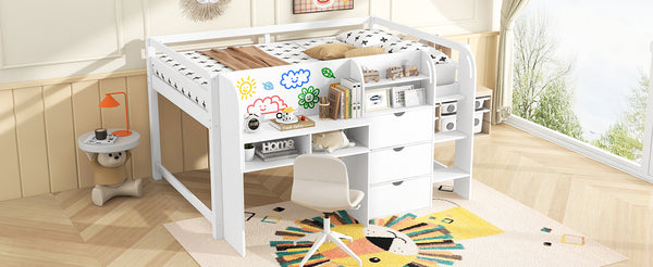 English Elm Full Size Low Loft Bed With Desk, Storage Solutions & Whiteboard For Creative Learning – White Finish N7090005005K